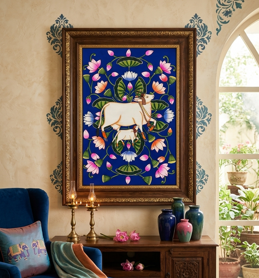 Vintage Style Cow Pichwai Art | Sacred Gau Mata Painting | Nathdwara Traditional Wall Decor | Indian Heritage Artwork