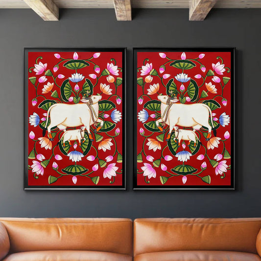 Pichwai Painting Of Cow, Set of 2 Detailed Traditional Indian Pichwai Painting For Home Decor, Wall Decor