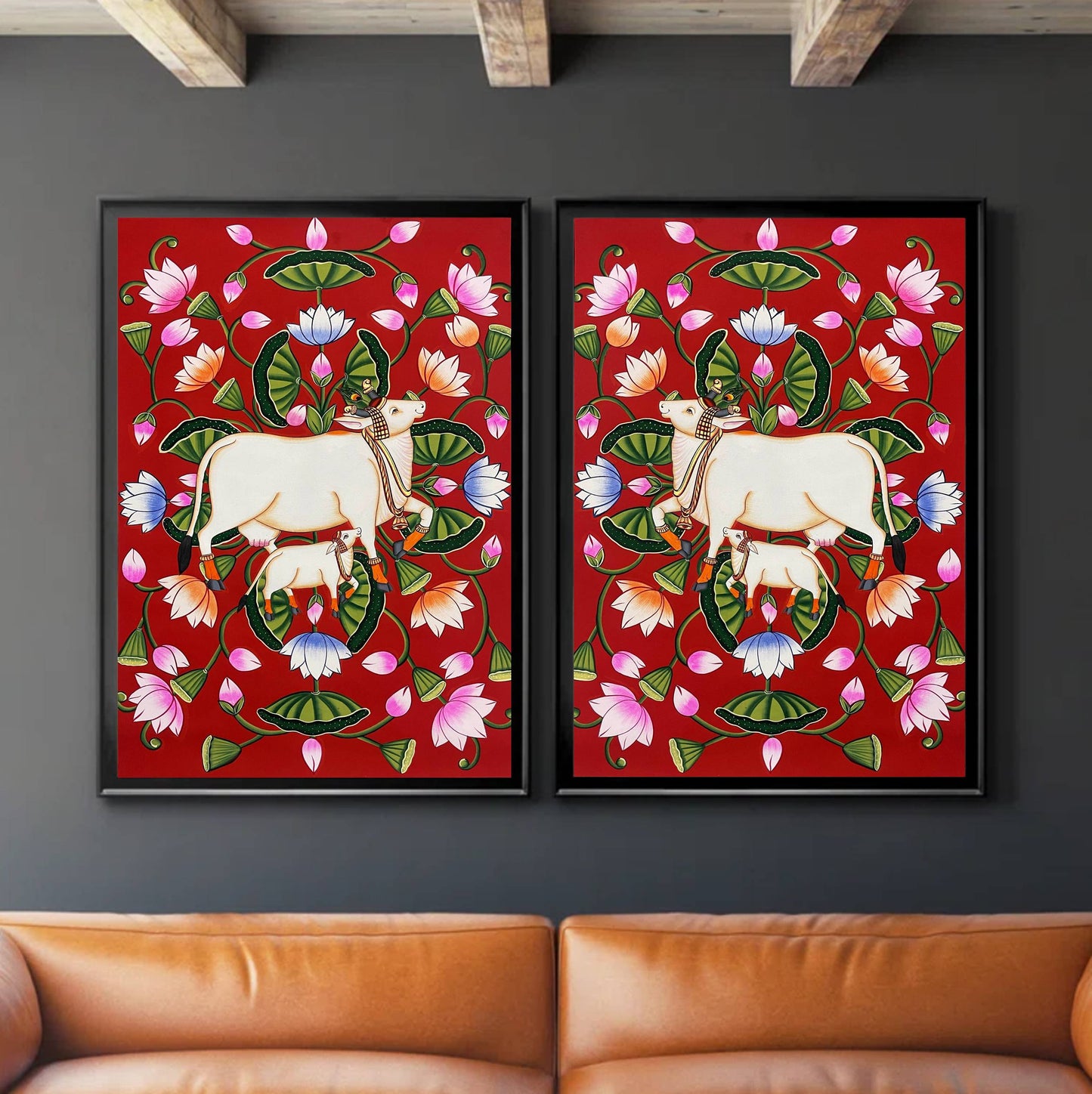 Pichwai Painting Of Cow, Set of 2 Detailed Traditional Indian Pichwai Painting For Home Decor, Wall Decor