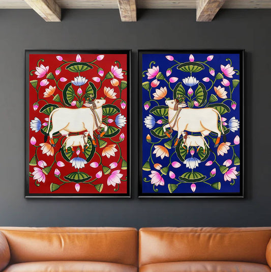 Pichwai Painting Of Cow, Set of 2 Detailed Traditional Indian Pichwai Painting For Home Decor, Wall Decor