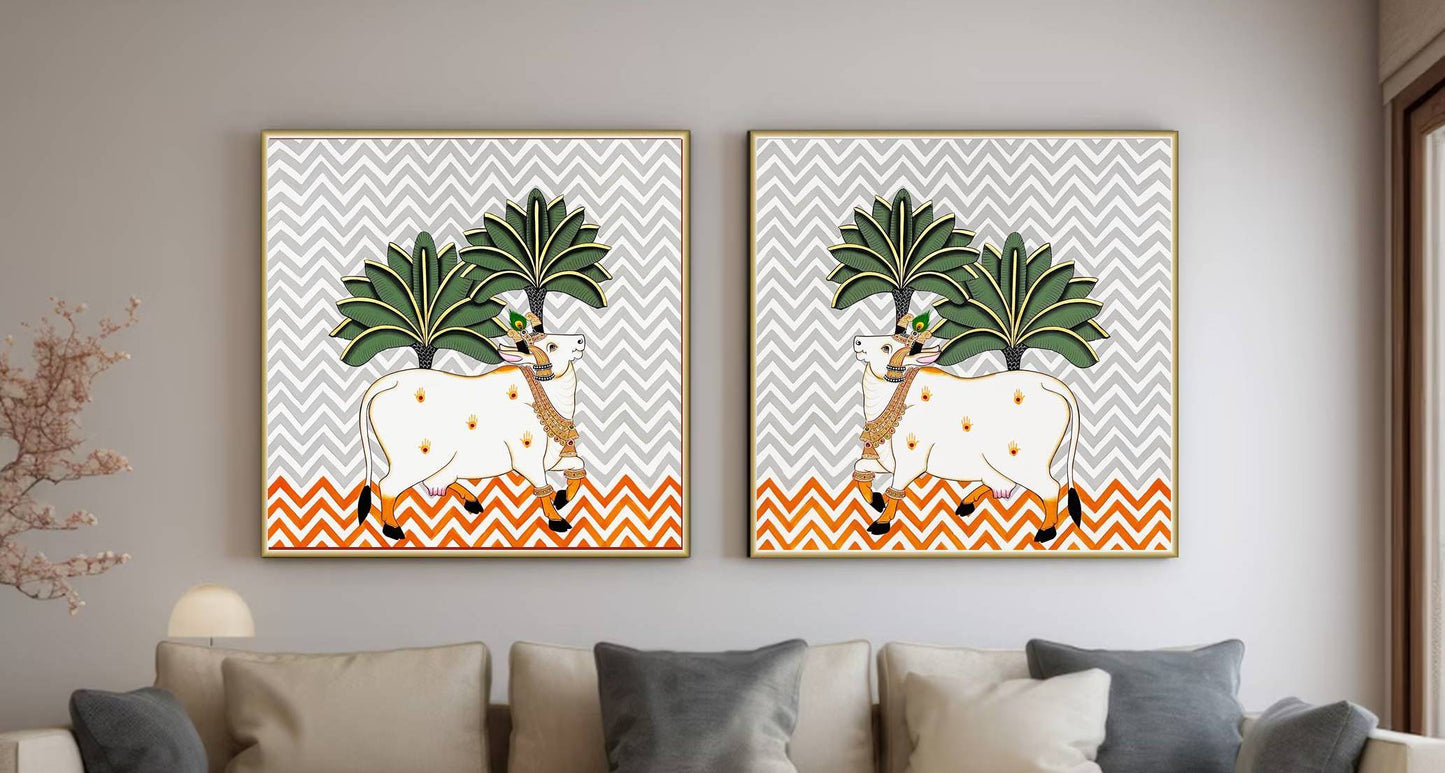 Pichwai Painting Of Cow, Set of 2, Traditional Indian Pichwai Painting For Home Decor, Wall Art, Wall Decor - Jaipur Earth