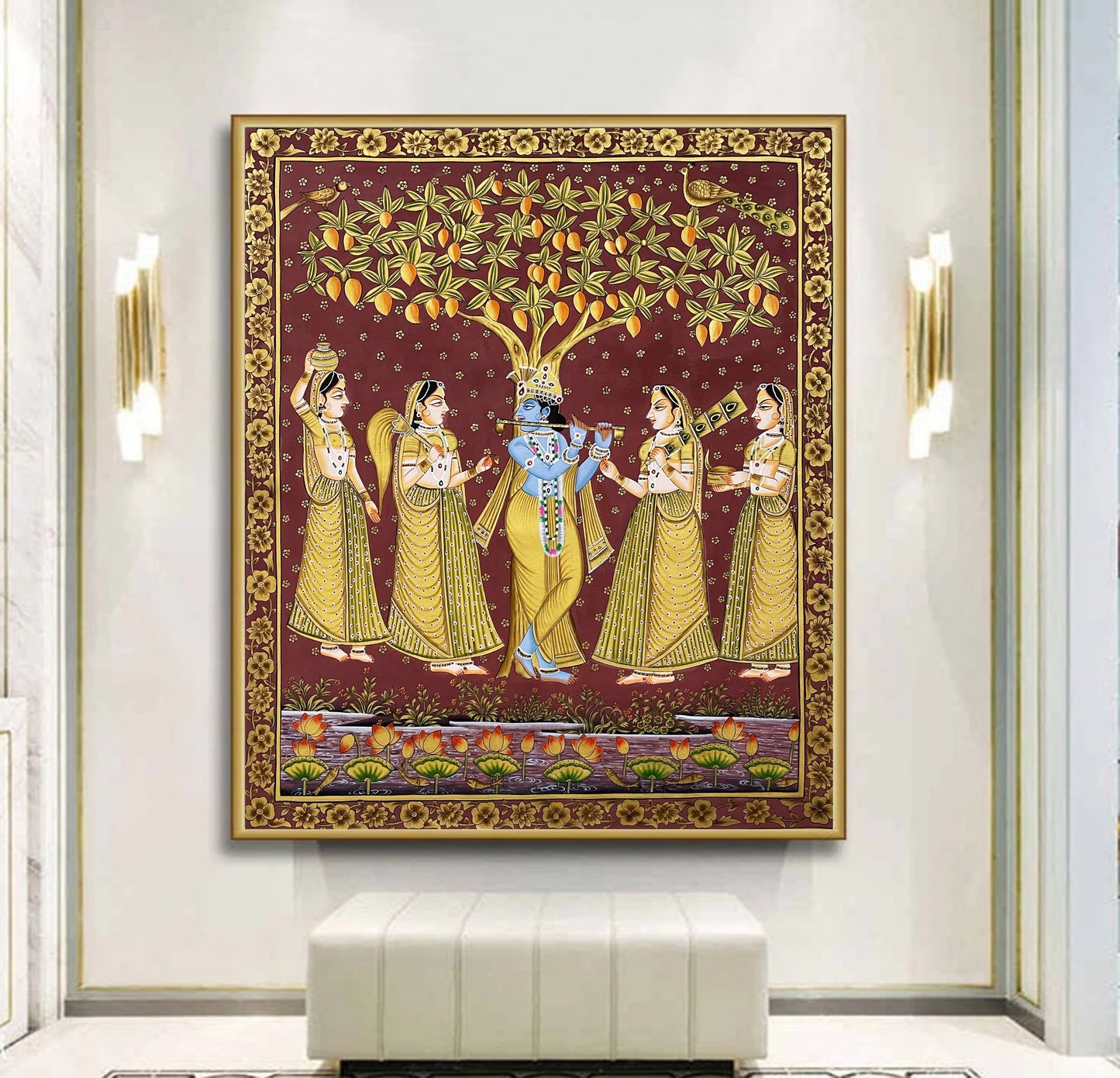 Radha Krishna Golden Detailed Pichwai Handmade Painting On Fabric with Lotus Background, Home Decor, Wall Decor - Jaipur Earth