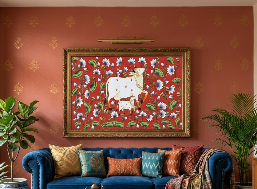 Cow Pichwai Painting – Large Traditional Indian Wall Art, Handmade Pichwai Home Decor, Rajasthani Cow Artwork for Living Room & Luxury Interiors