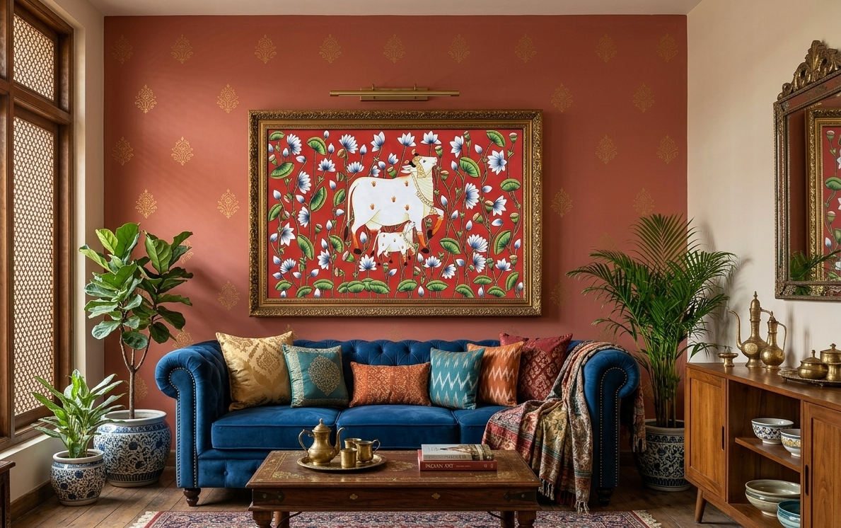Cow Pichwai Painting – Large Traditional Indian Wall Art, Handmade Pichwai Home Decor, Rajasthani Cow Artwork for Living Room & Luxury Interiors