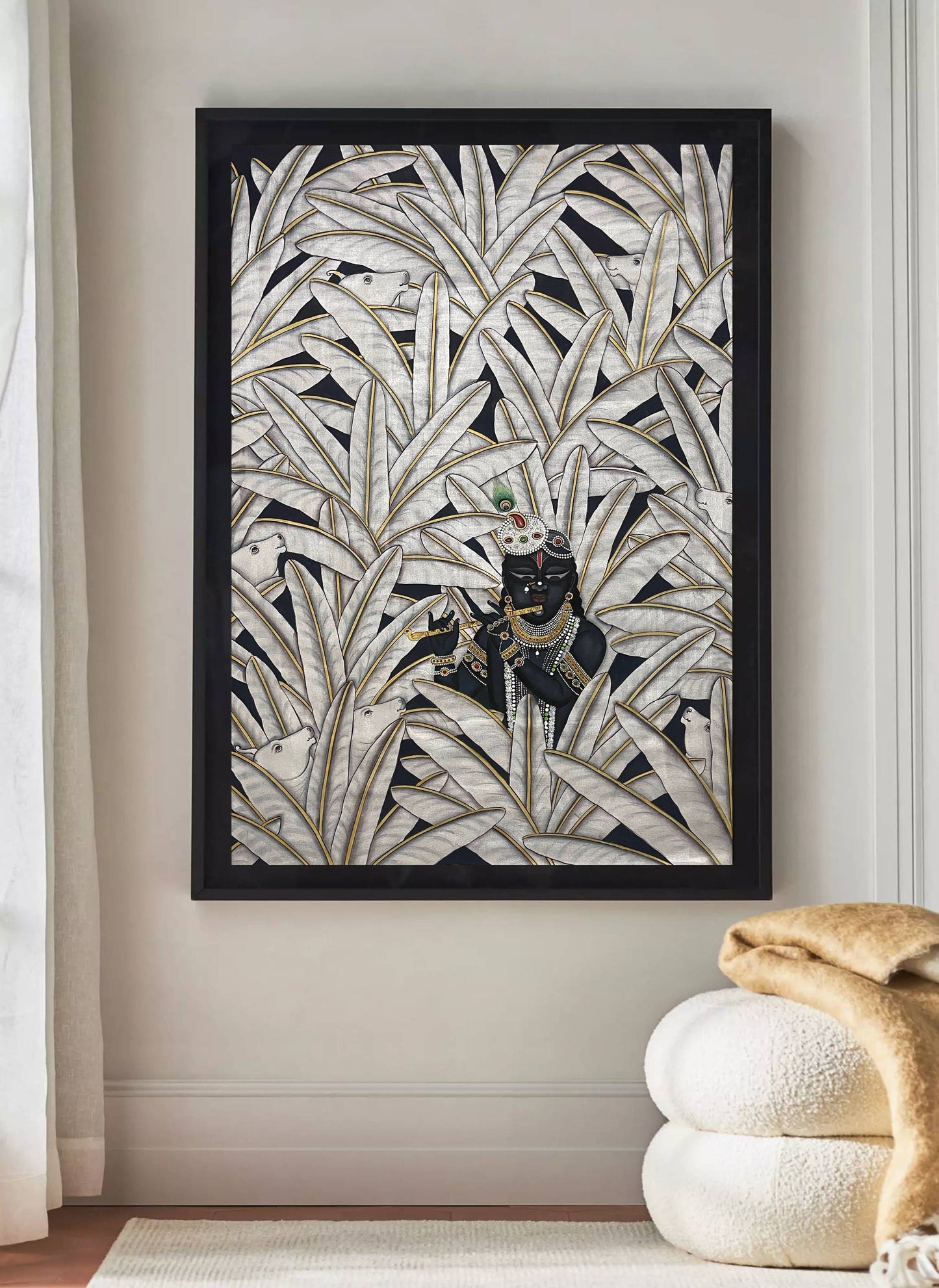 Krishna in Banana Trees, Silver Finish, Hand Painted Pichwai Painting, Home Decor, Wall Decor
