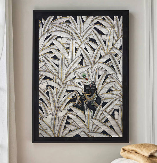 Krishna in Banana Trees, Silver Finish, Hand Painted Pichwai Painting, Home Decor, Wall Decor