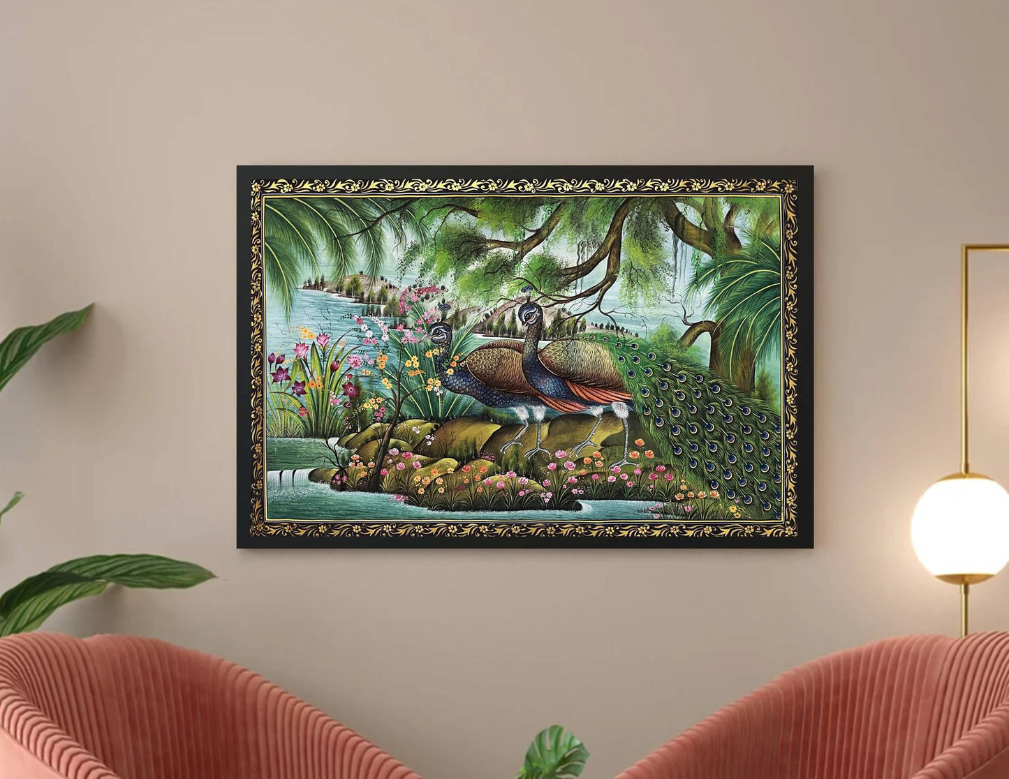 Majestic Peacock Amid Floral Splendor – Traditional Miniature Painting-Framed