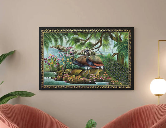 Majestic Peacock Amid Floral Splendor – Traditional Miniature Painting-Framed