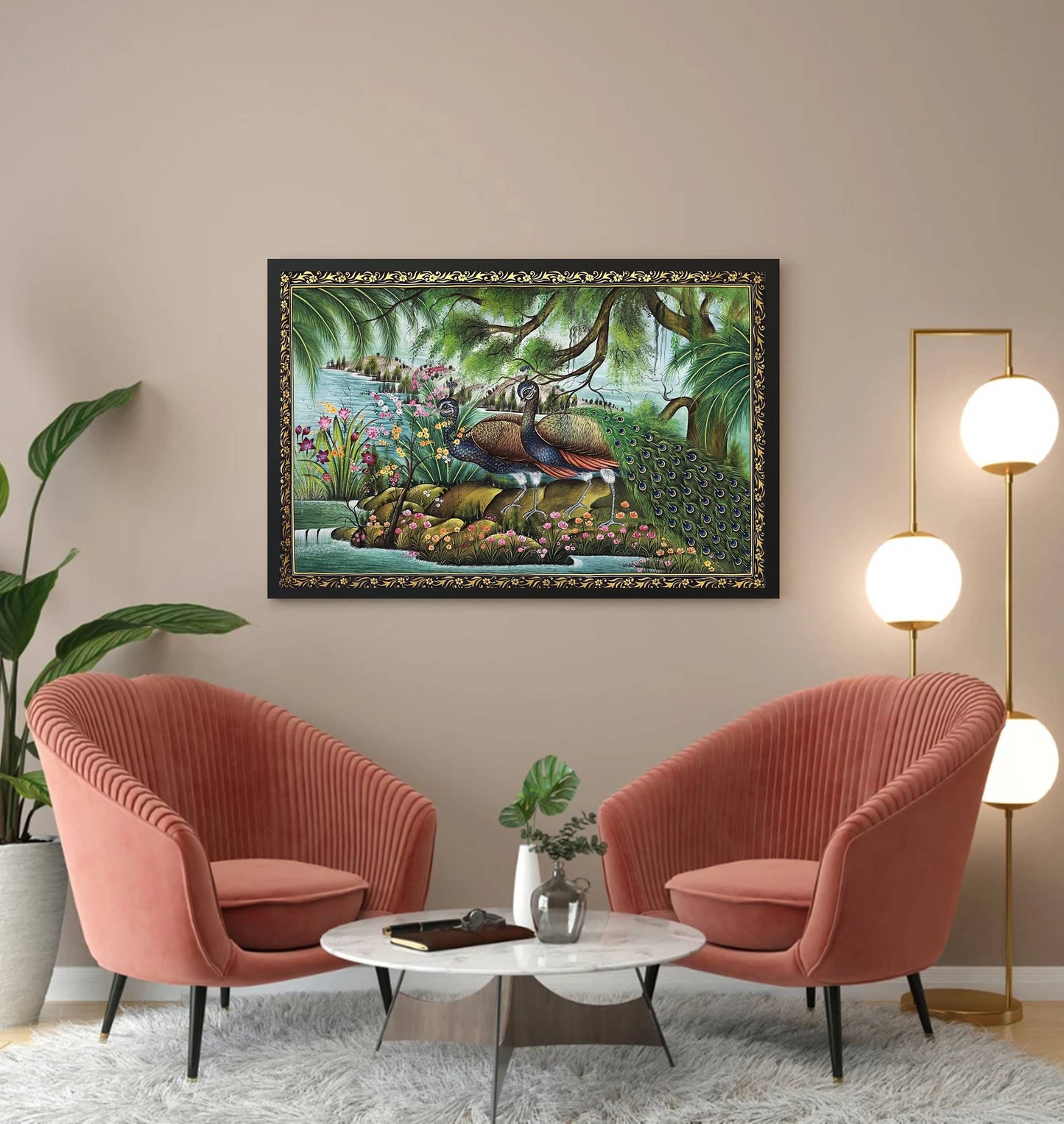 Majestic Peacock Amid Floral Splendor – Traditional Miniature Painting-Framed