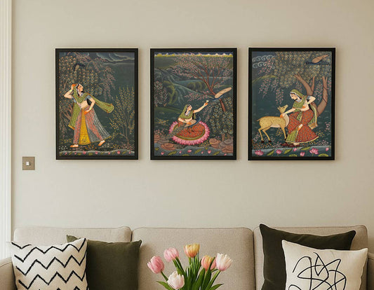 Sakhi Painting, Set of 3 Indian Miniature Painting, Hand Painted Artwork for Home Decor, Wall Art, Framed