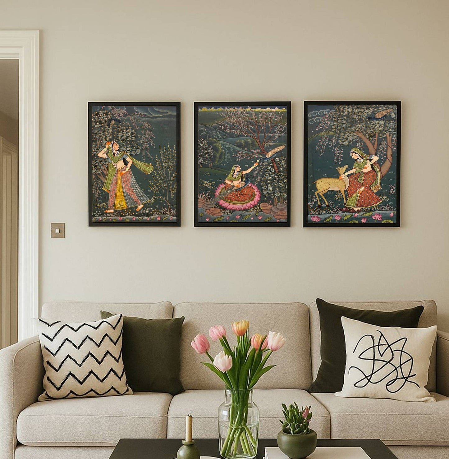 Sakhi Painting, Set of 3 Indian Miniature Painting, Hand Painted Artwork for Home Decor, Wall Art, Framed