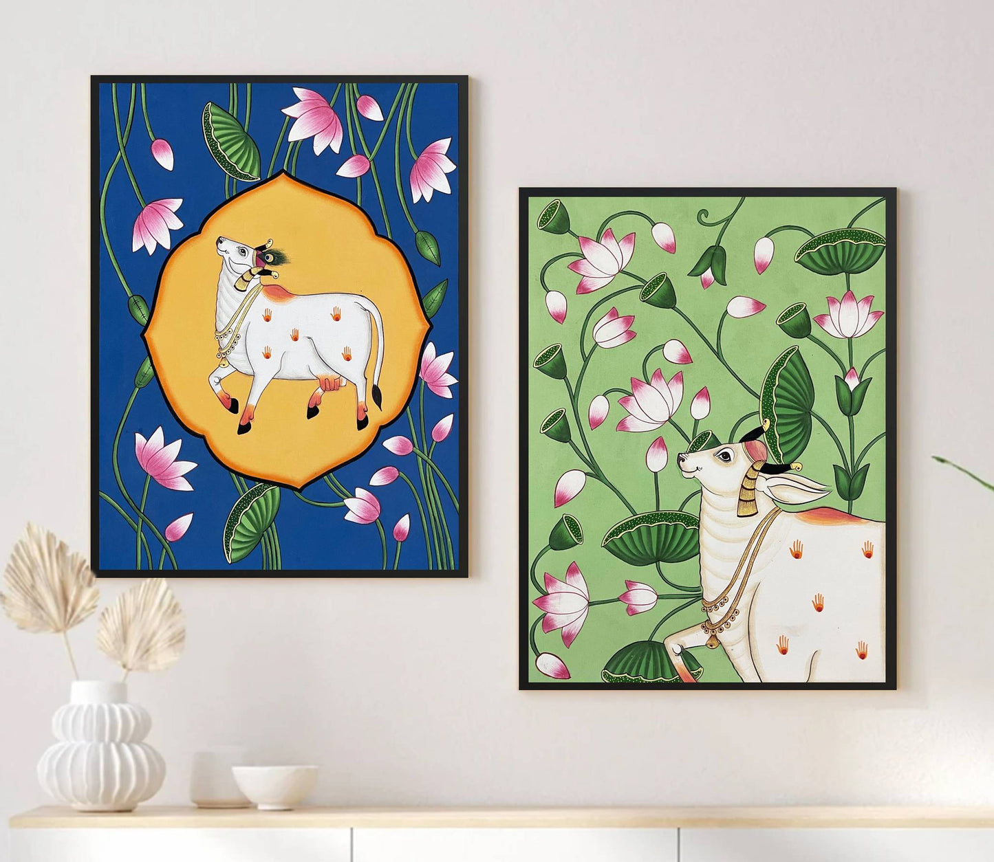 Pichwai Painting Of Cow, Set of 2, Traditional Indian Pichwai Painting For Home Decor, Wall Art, Wall Decor - Jaipur Earth