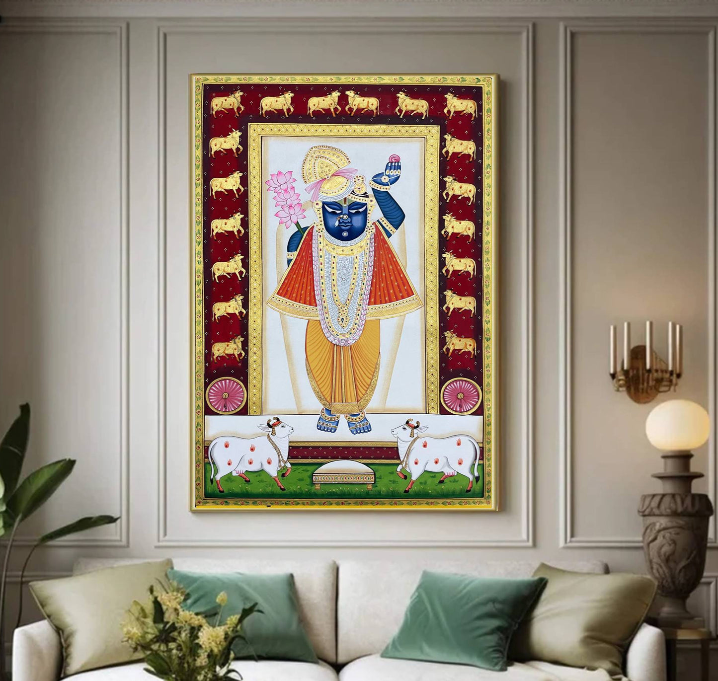 Shreenathji and Lotus Pichwai Art Painting For Home Decor, Traditional Handmade Wall Painting Of Beautiful Shri Nath Ji In Kamal Talai - Jaipur Earth
