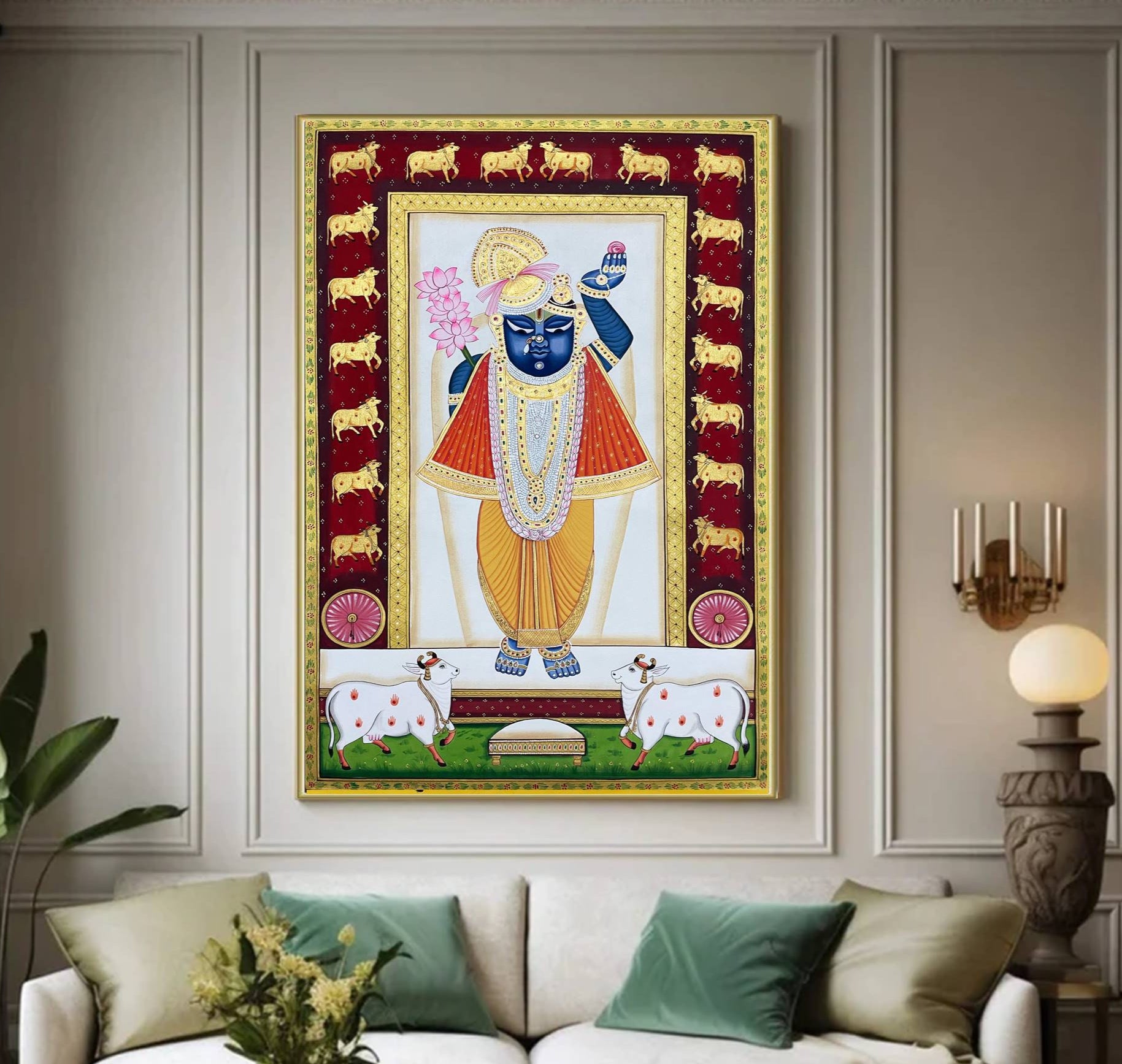 Shreenathji and Lotus Pichwai Art Painting For Home Decor, Traditional Handmade Wall Painting Of Beautiful Shri Nath Ji In Kamal Talai - Jaipur Earth
