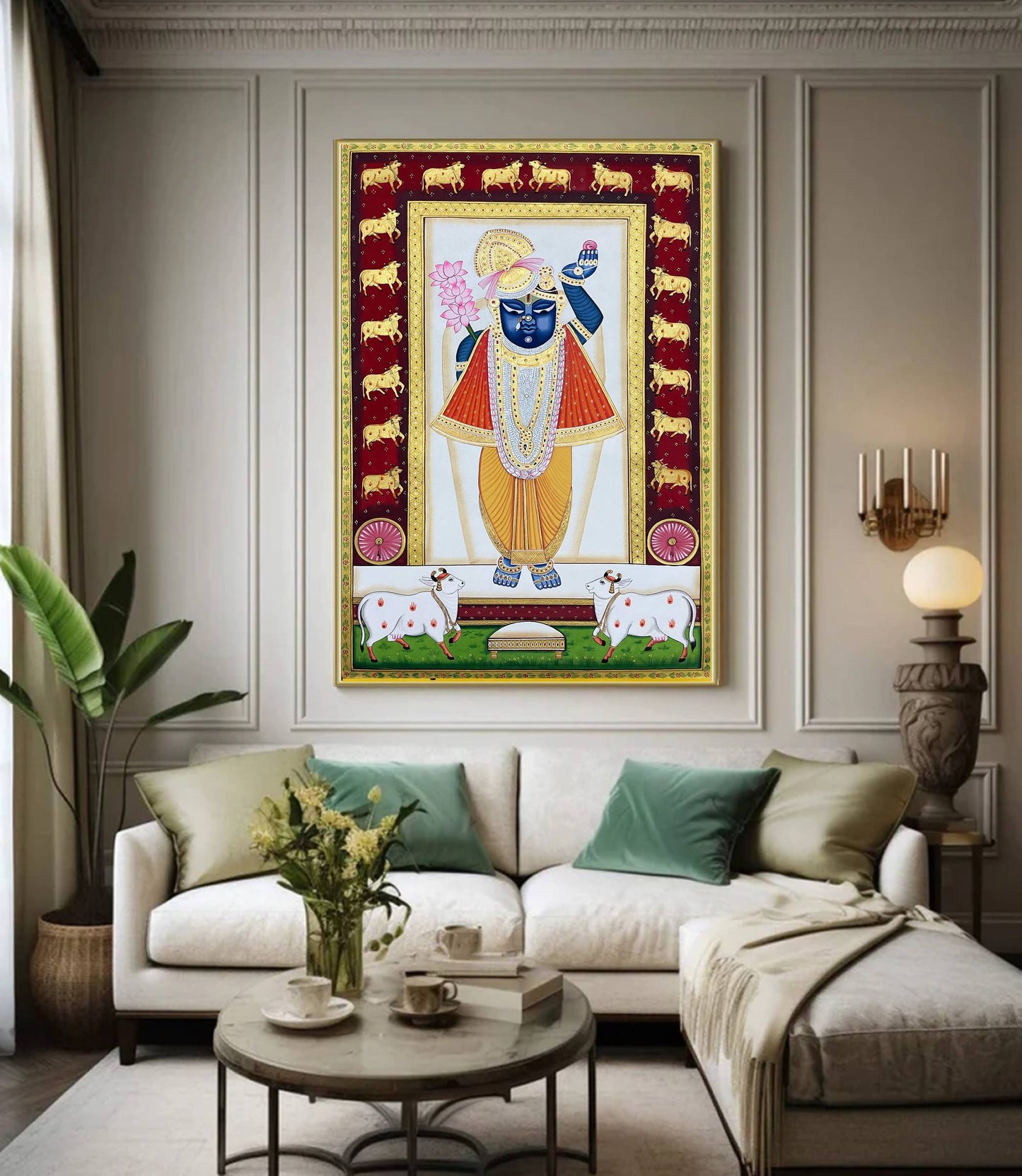 Shreenathji and Lotus Pichwai Art Painting For Home Decor, Traditional Handmade Wall Painting Of Beautiful Shri Nath Ji In Kamal Talai - Jaipur Earth