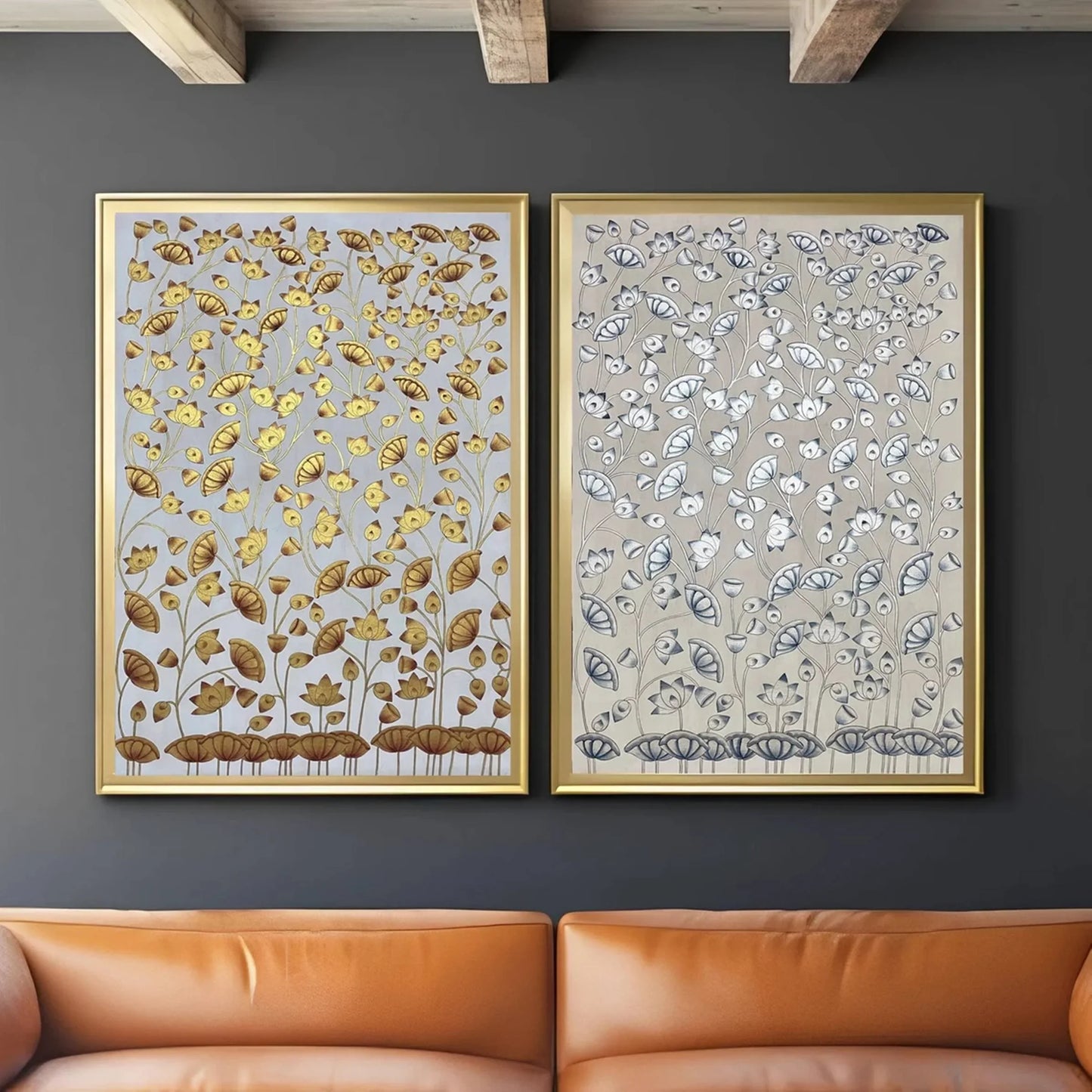Pichwai Paintings Set of 2, Lotus Pond Indian Pichwai, Home decor Art, Indian painting, wall decor - Jaipur Earth