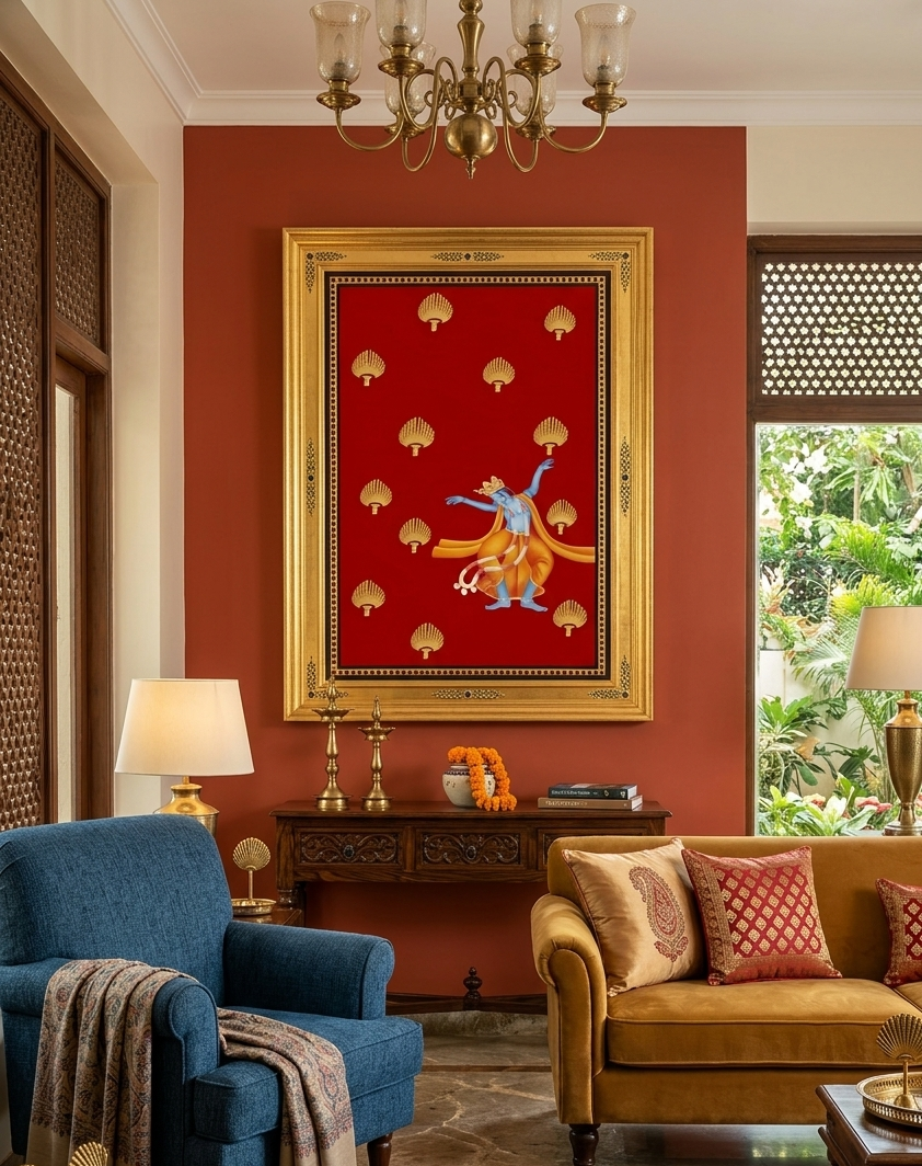Dancing Krishna Pichwai Painting – Traditional Indian Krishna Wall Art | Handmade Religious Decor