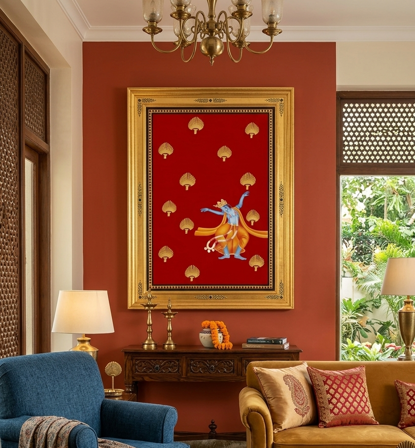 Dancing Krishna Pichwai Painting – Traditional Indian Krishna Wall Art | Handmade Religious Decor