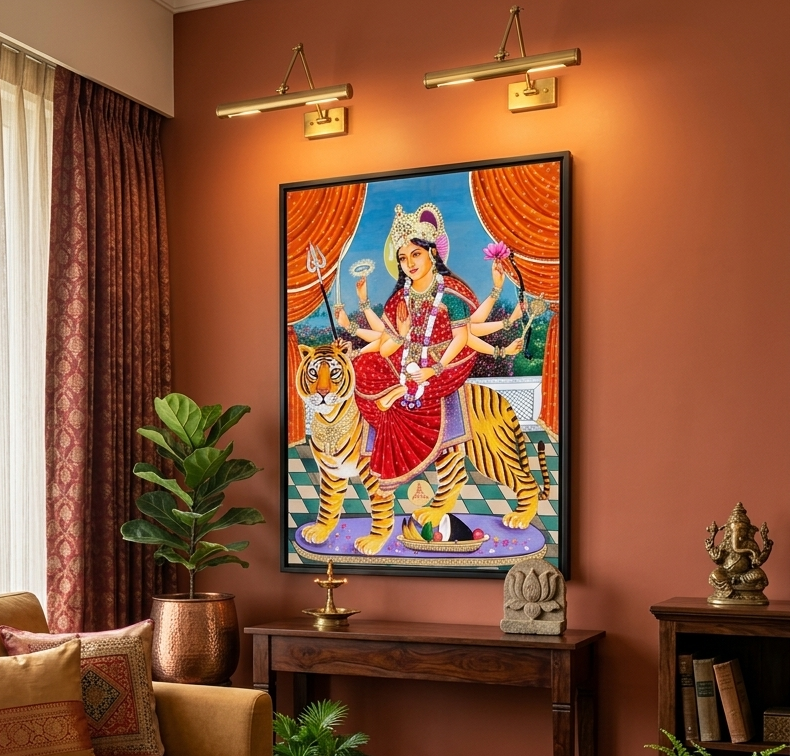 Maa Durga Detailed Handmade Painting, Original Maa Durga Scene Wall Hanging Home Decorative Art, Home Decor Gift