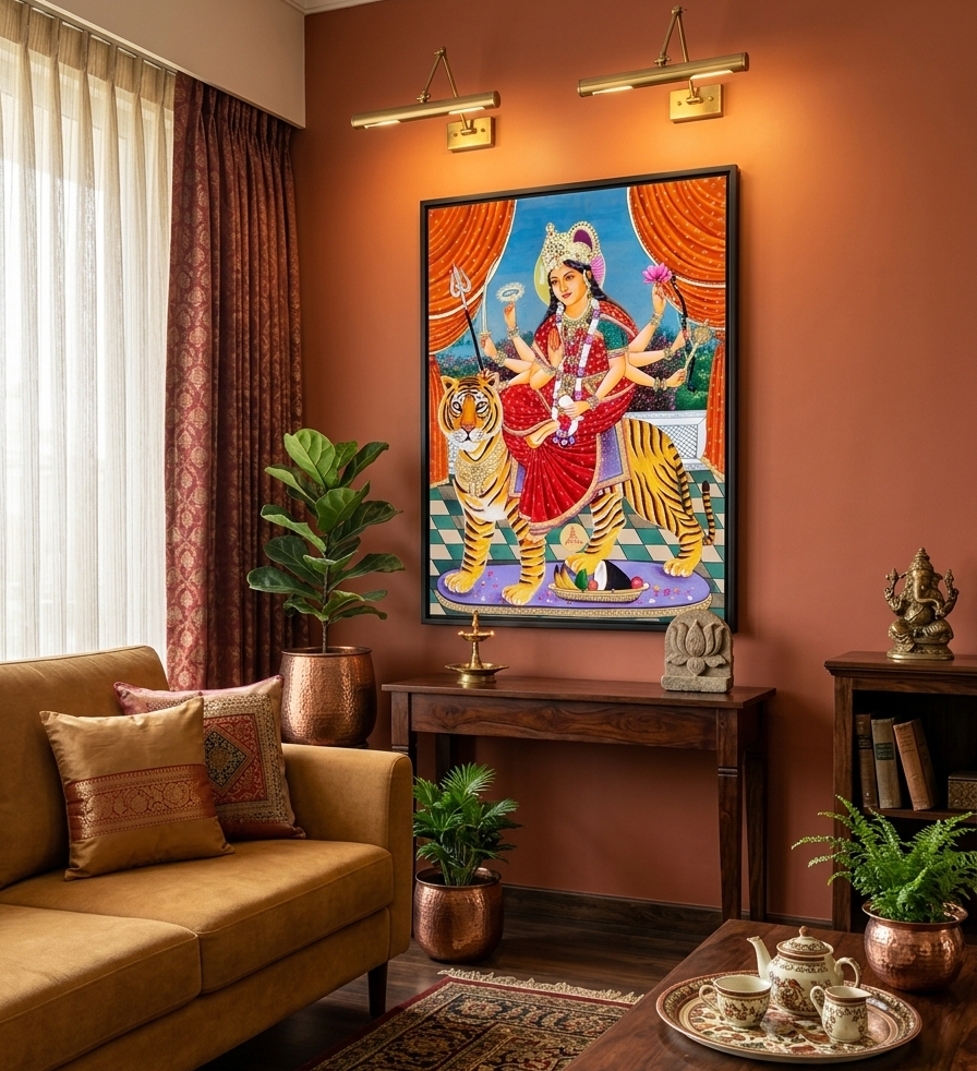 Maa Durga Detailed Handmade Painting, Original Maa Durga Scene Wall Hanging Home Decorative Art, Home Decor Gift