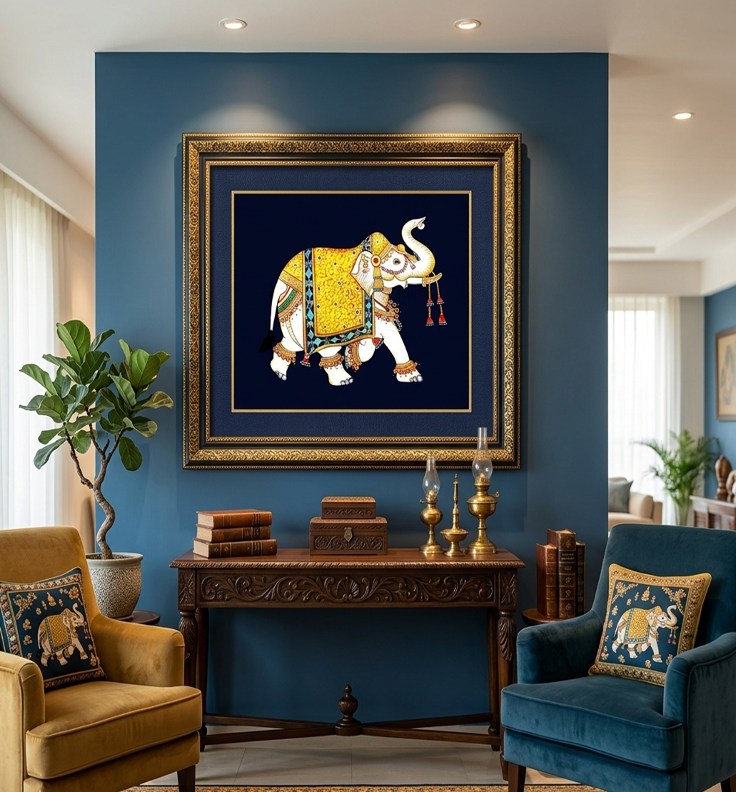 Elephant Pichwai Painting, Traditional Indian Wall Art, Handmade Rajasthani Decor