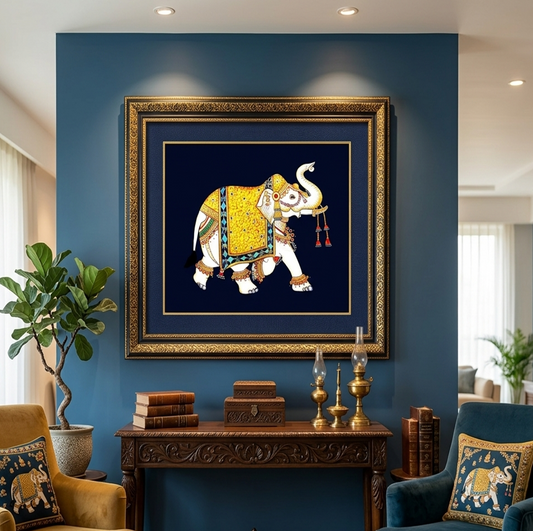 Elephant Pichwai Painting, Traditional Indian Wall Art, Handmade Rajasthani Decor