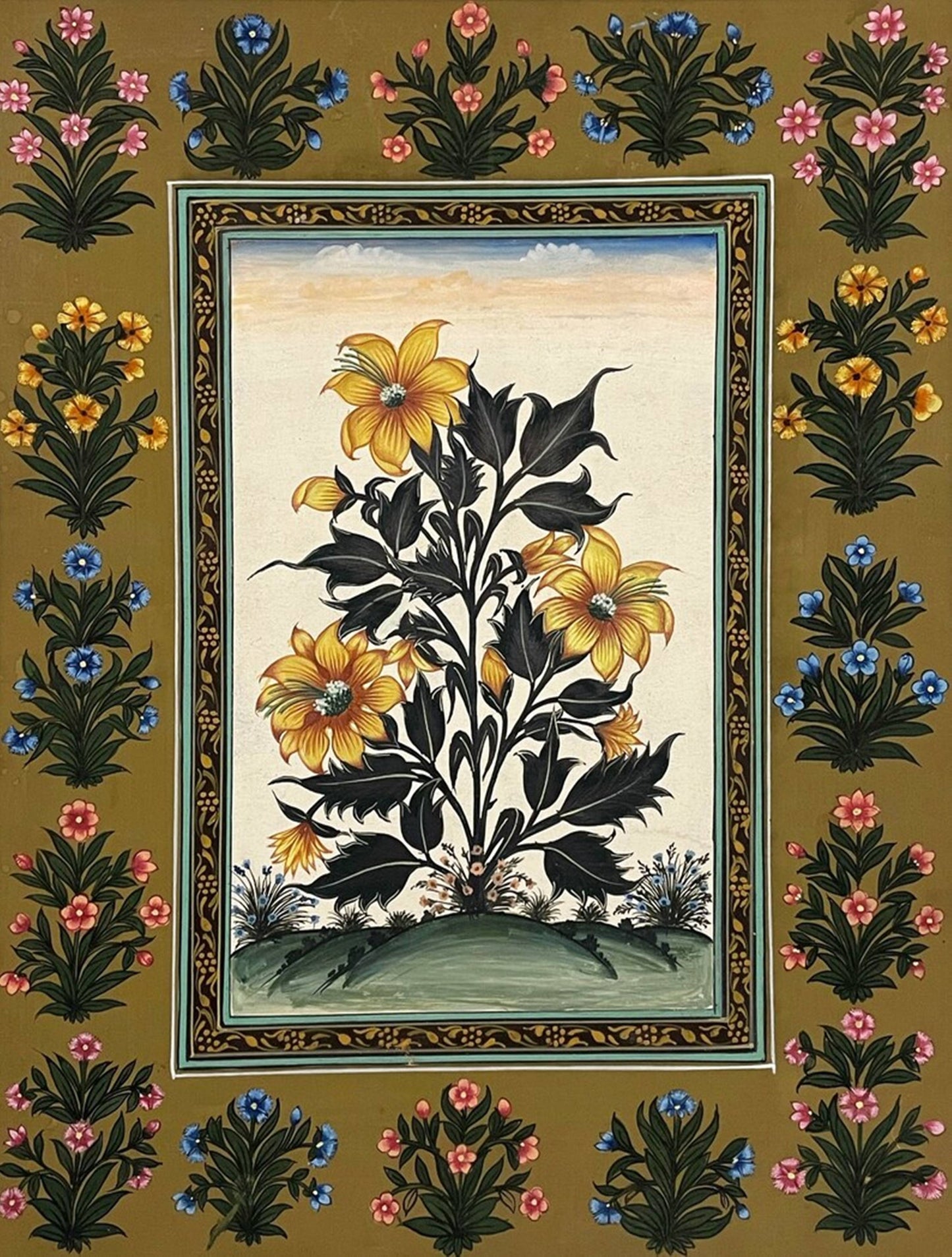 Hand-Painted Floral Miniature Painting | Traditional Indian Mughal Art on Handmade Paper | Framed