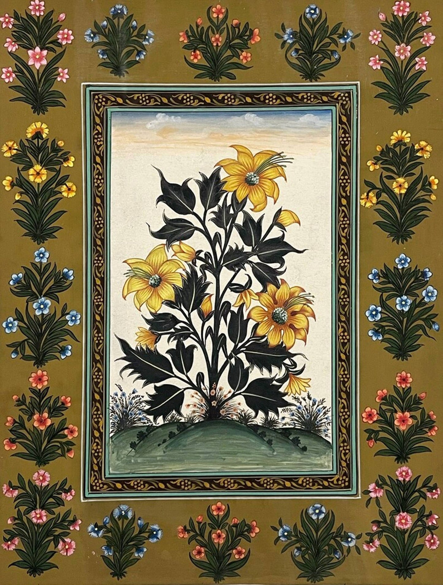 Hand-Painted Floral Miniature Painting | Traditional Indian Mughal Art on Handmade Paper | Framed