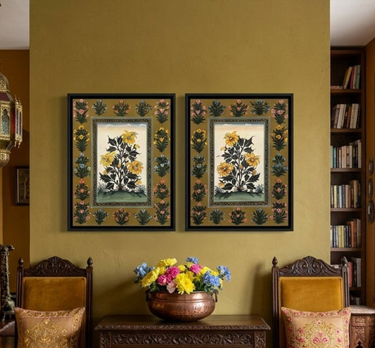 Hand-Painted Floral Miniature Painting | Traditional Indian Mughal Art on Handmade Paper | Framed