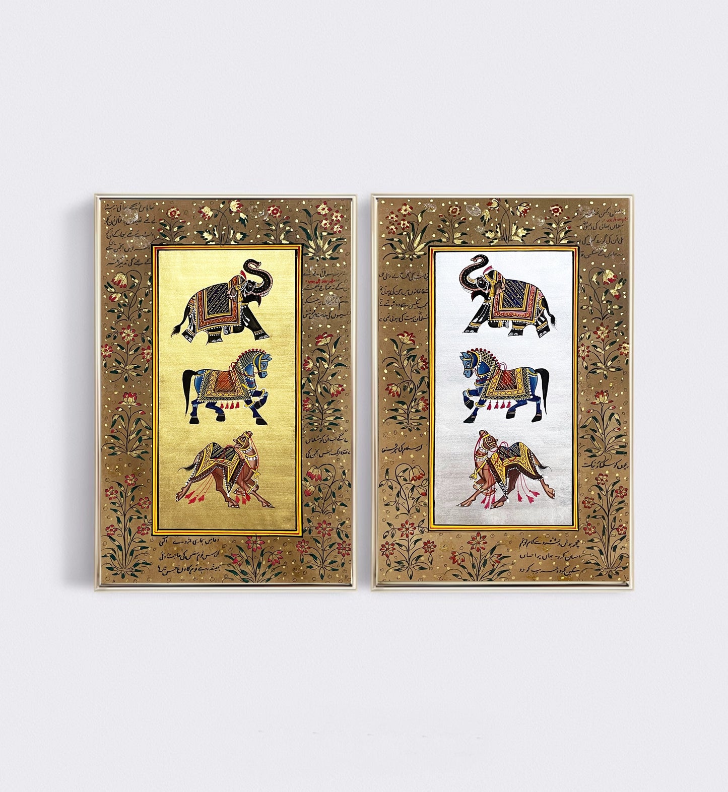Trio Elephant, Horse, Camel Indian Miniature Wall Art, Traditional Set of 2 Painting On Paper Sheet, Home Decor Gift, Wall Art - Jaipur Earth