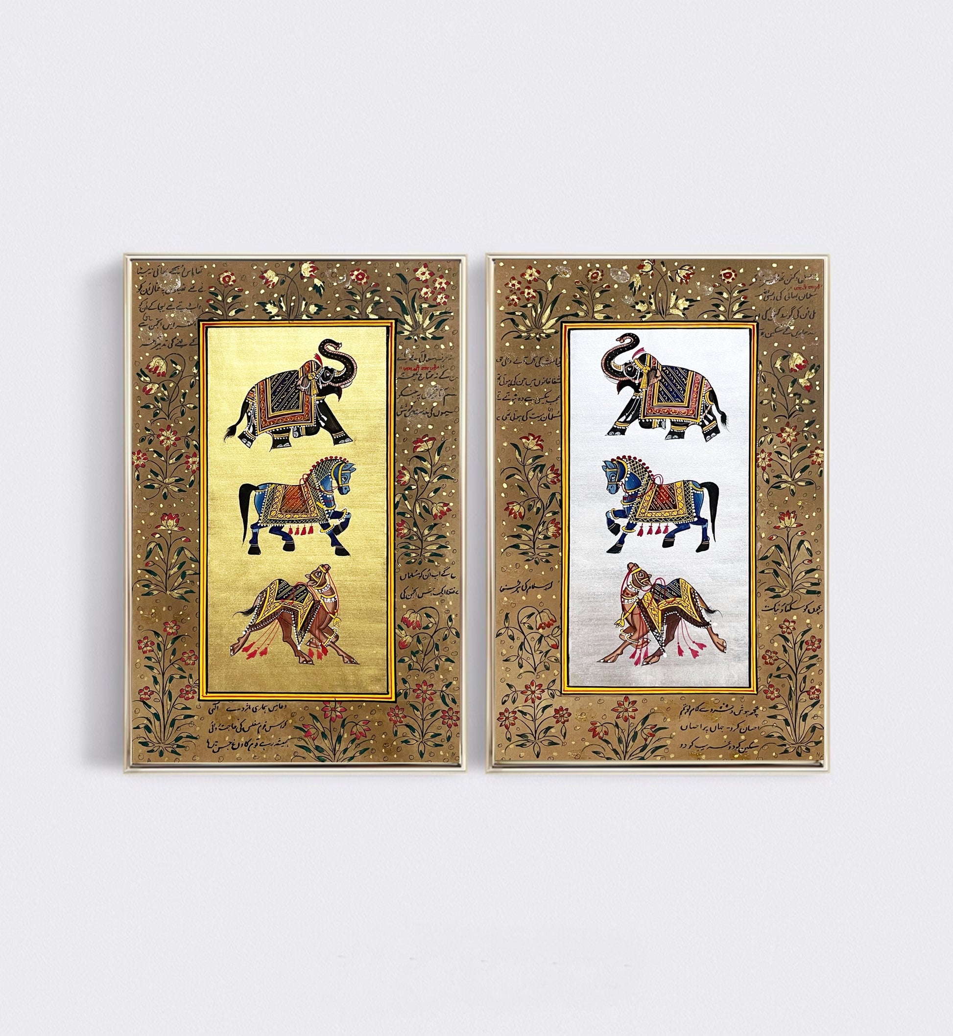 Trio Elephant, Horse, Camel Indian Miniature Wall Art, Traditional Set of 2 Painting On Paper Sheet, Home Decor Gift, Wall Art - Jaipur Earth