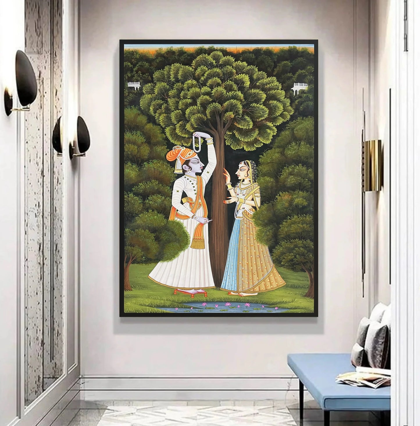 Radha Krishna alongside Yamuna River Pichwai Handmade Painting On Fabric, Home Decor, wall decor - Jaipur Earth