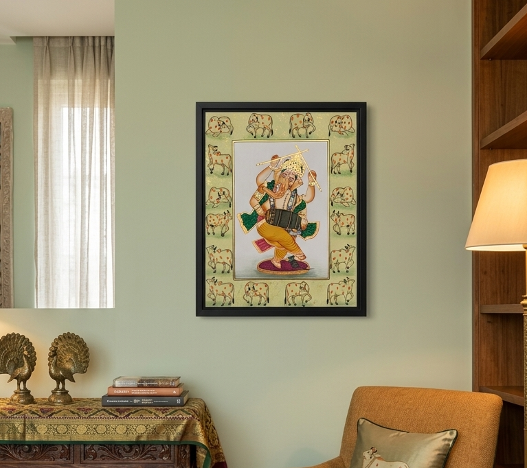 Ganesha Miniature Painting on Paper | Handmade Indian Art | Framed