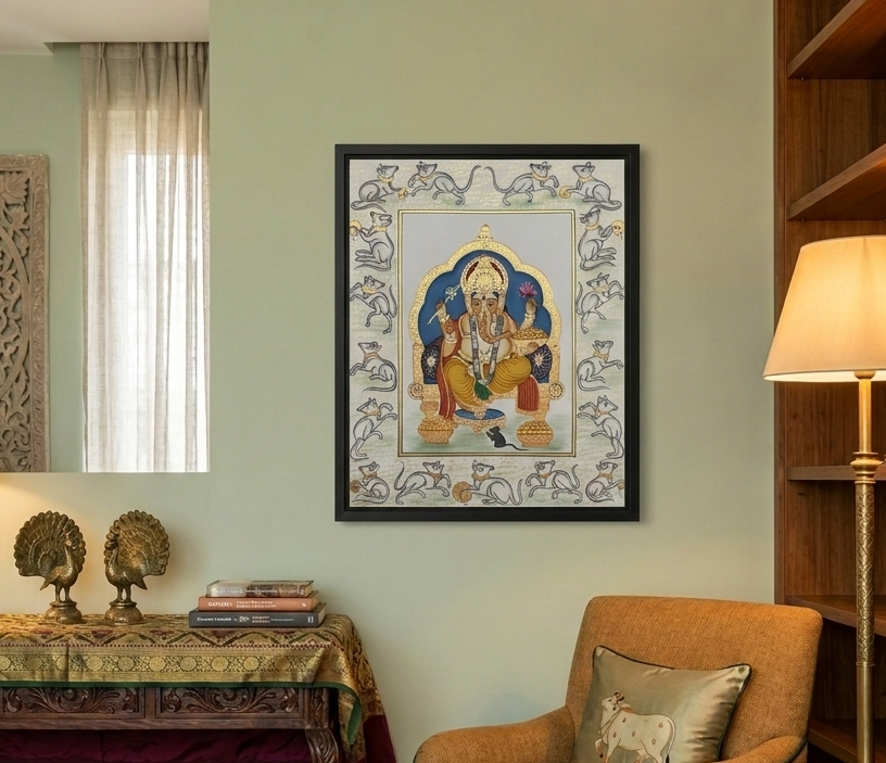 Ganesha Miniature Painting on Paper | Handmade Indian Art | Framed