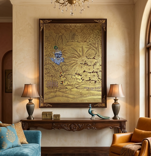 Krishna Pichwai Painting – Golden Handpainted Traditional Indian Art of Lord Krishna