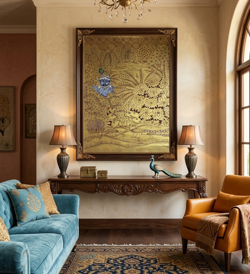 Krishna Pichwai Painting – Golden Handpainted Traditional Indian Art of Lord Krishna