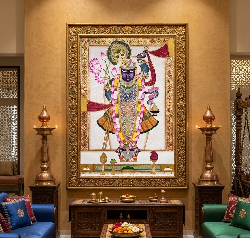 Shreenathji and Lotus Pichwai Art Painting for Home Decor | Traditional Handmade Shri Nath Ji in Kamal Talai | Nathdwara Style Wall Art