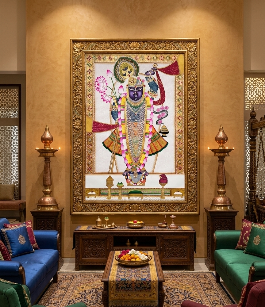 Shreenathji and Lotus Pichwai Art Painting for Home Decor | Traditional Handmade Shri Nath Ji in Kamal Talai | Nathdwara Style Wall Art