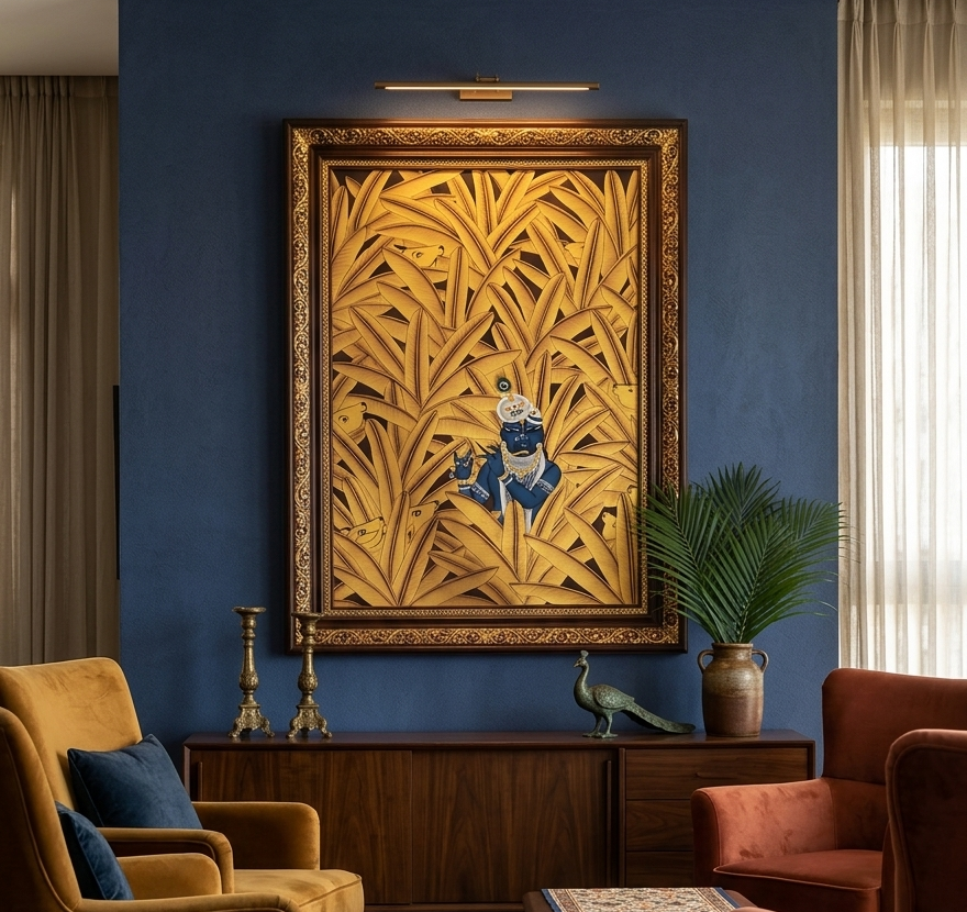 Krishna in Golden Banana Trees, Hand Painted Pichwai Painting, Home Decor, Wall Decor