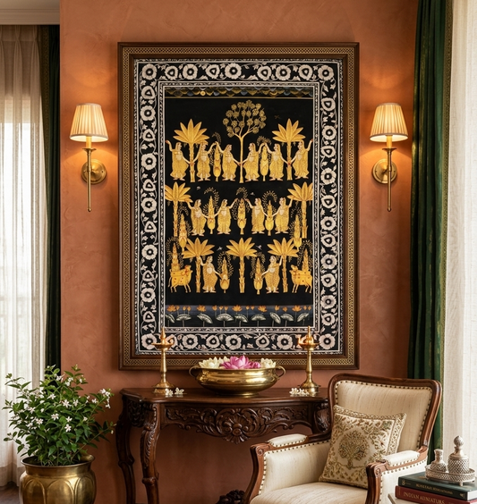 Pichwai Painting, Dancing Gopies on the occasion  of Gopashtami, Stone color on fabric, Silver and Gold, Home decor gift, Wall decor