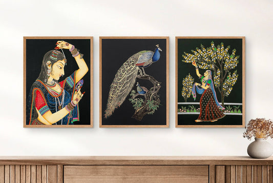 Set of 3 Paintings, Shringaar Painting, Peacock Painting and lady Painting, Painting For Home Decor, Wall Art - Jaipur Earth