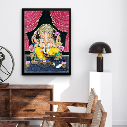 Lord Ganesha Detailed Handmade Painting- Framed