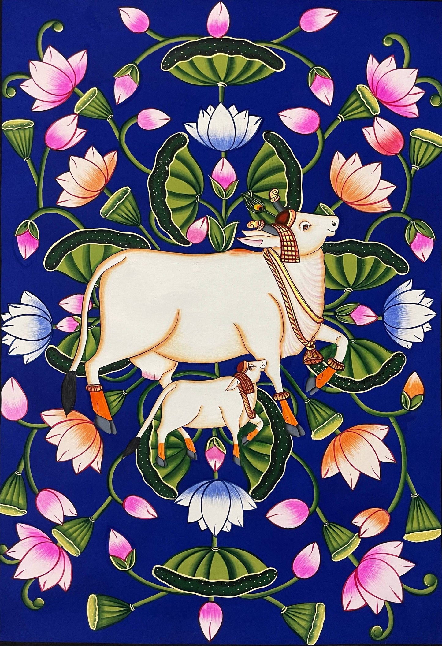 Pichwai Painting Of Cow, Set of 2 Detailed Traditional Indian Pichwai Painting For Home Decor, Wall Decor