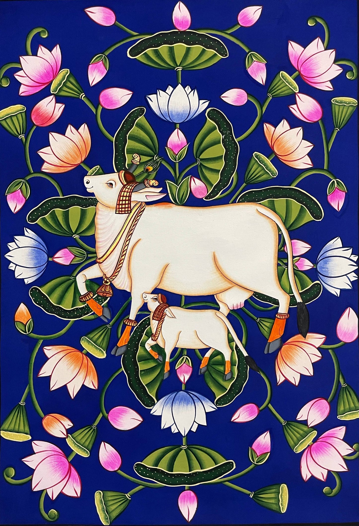Pichwai Painting Of Cow, Set of 2 Detailed Traditional Indian Pichwai Painting For Home Decor, Wall Decor