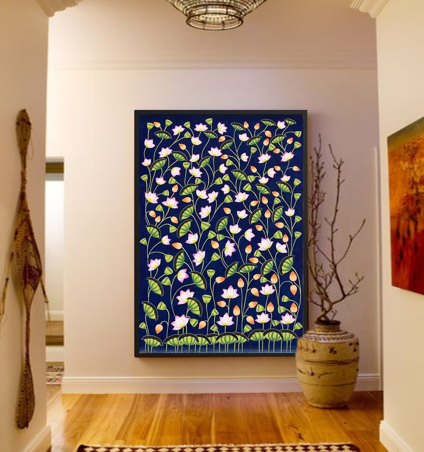 Lotus Pond Pichwai Painting Wall Decor Kamal Talai Handmade Floral Design Natural Stone color on cloth, home Decor Paintings, Wall decor - Jaipur Earth
