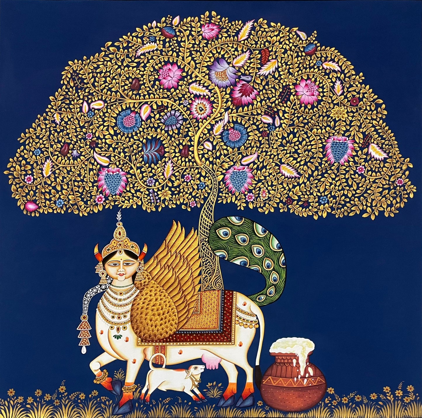Kamdhenu Sacred Cow Life Tree Handmade Pichwai Painting | Traditional Nathdwara Indian Art