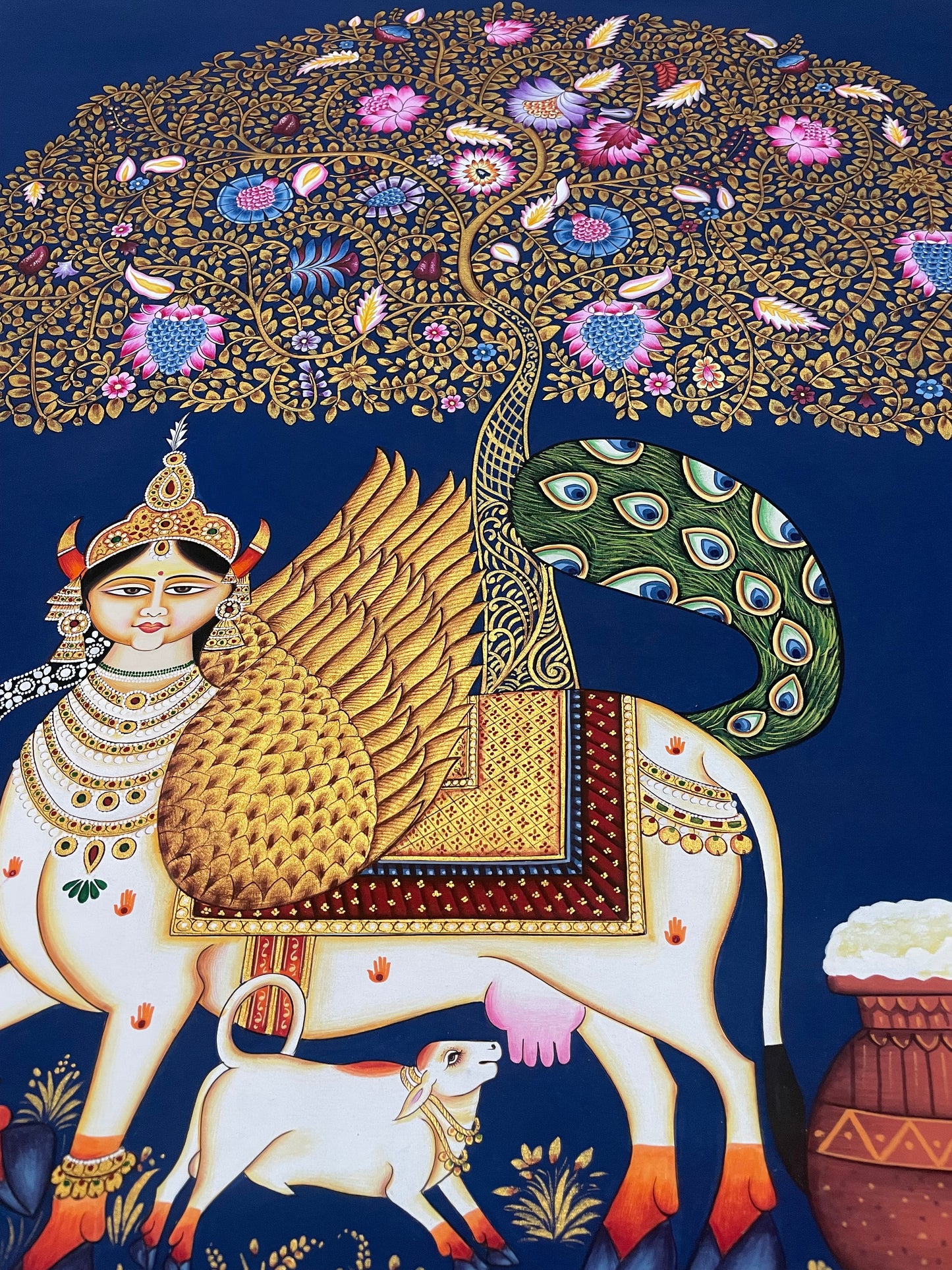 Kamdhenu Sacred Cow Life Tree Handmade Pichwai Painting | Traditional Nathdwara Indian Art