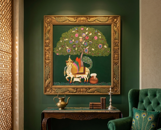 Kamdhenu Sacred Cow Life Tree Handmade Pichwai Painting | Traditional Nathdwara Indian Art