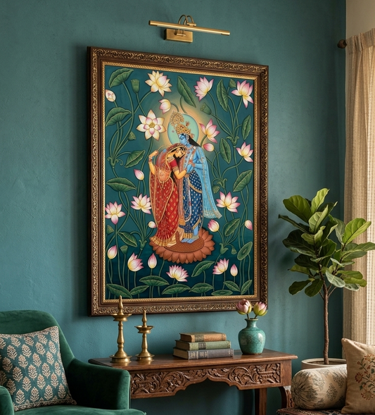 Hand-Painted Radha Krishna Lotus Pichwai Painting | Traditional Nathdwara Art
