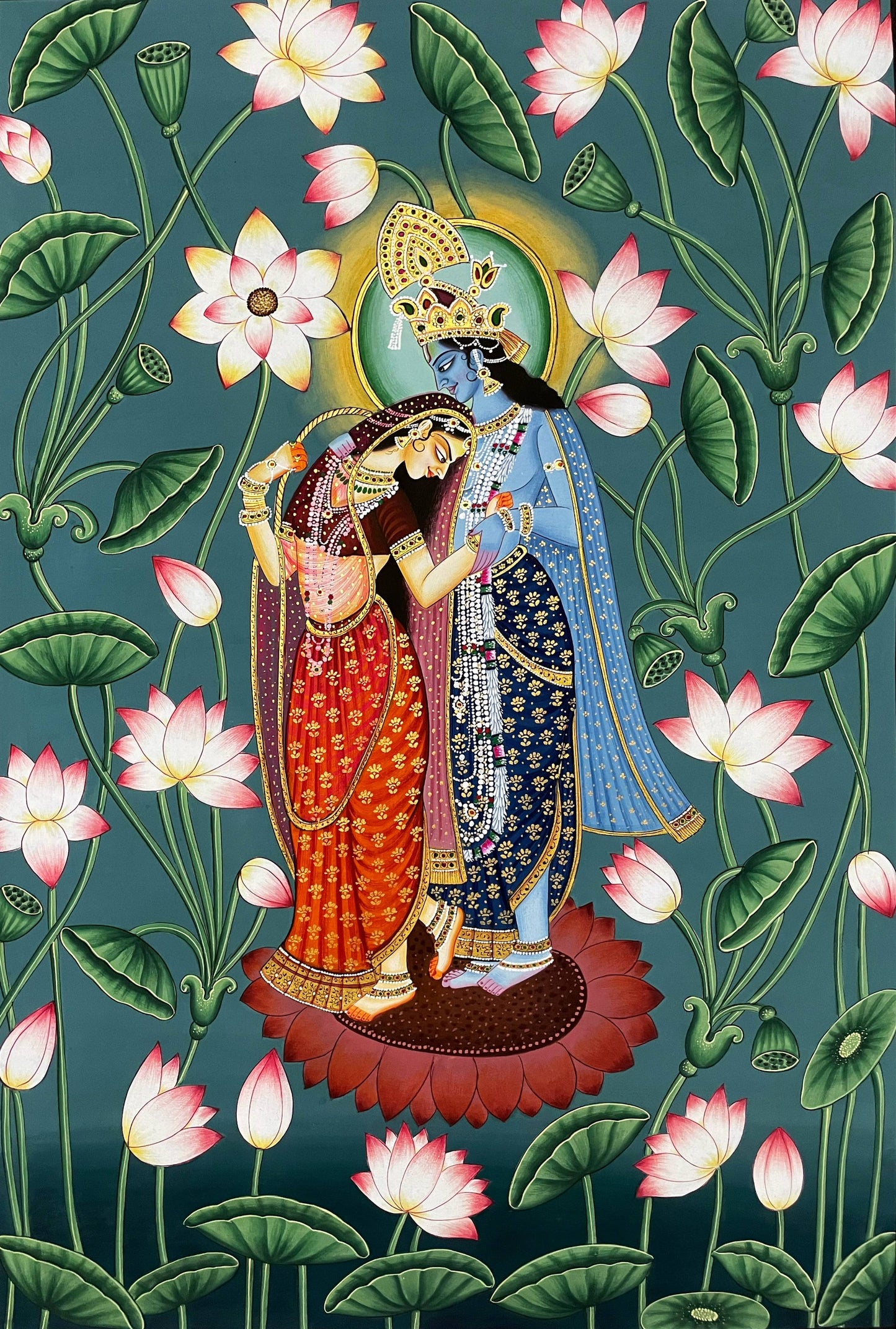 Hand-Painted Radha Krishna Lotus Pichwai Painting | Traditional Nathdwara Art